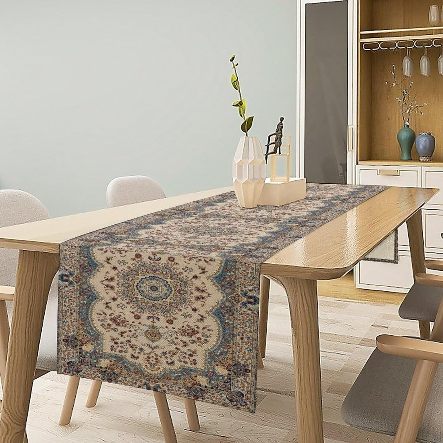 Boho Bohemia Style Table Runner, Vintage Blue Teal Gold Retro Flower Rustic Country Style Floral Print Pattern for Home Kitchen Table Decor Dining Coffee Room Garden Party Decor 13x72in