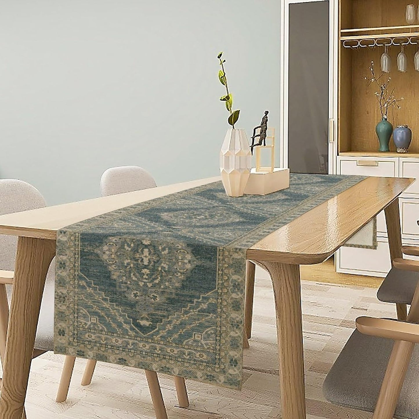 Boho Floral Vintage Table Runner, Blue Teal Retro Flower Rustic Country Farmhouse Pattern for Home Kitchen Table Decor Dining Coffee Room Party Decor 13x90in