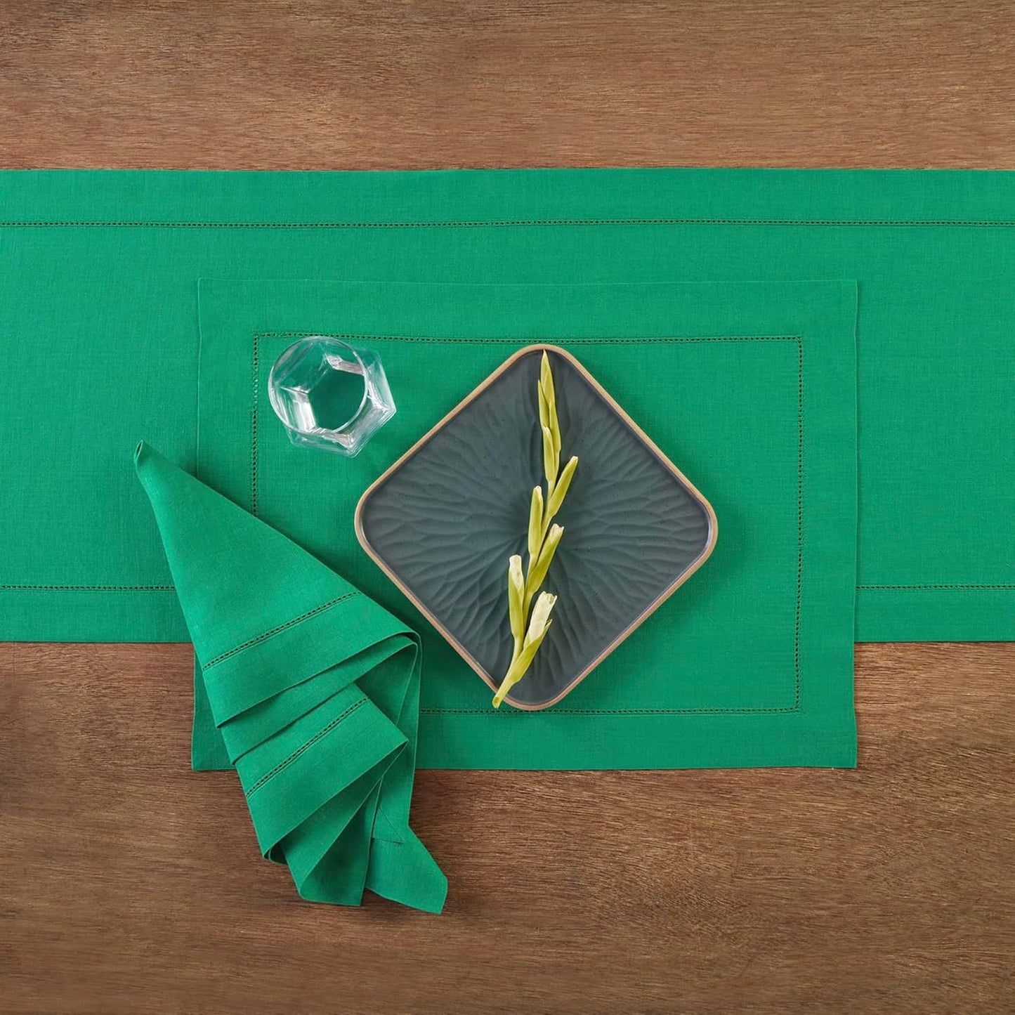 Solino Home Linen Emerald Green Hemstitch Table Runner 60 Inches - 100% Pure Linen Small Table Runner 14 x 60 Inch Ideal for Dresser and Coffee Tables - Classic Hemstitch - Christmas