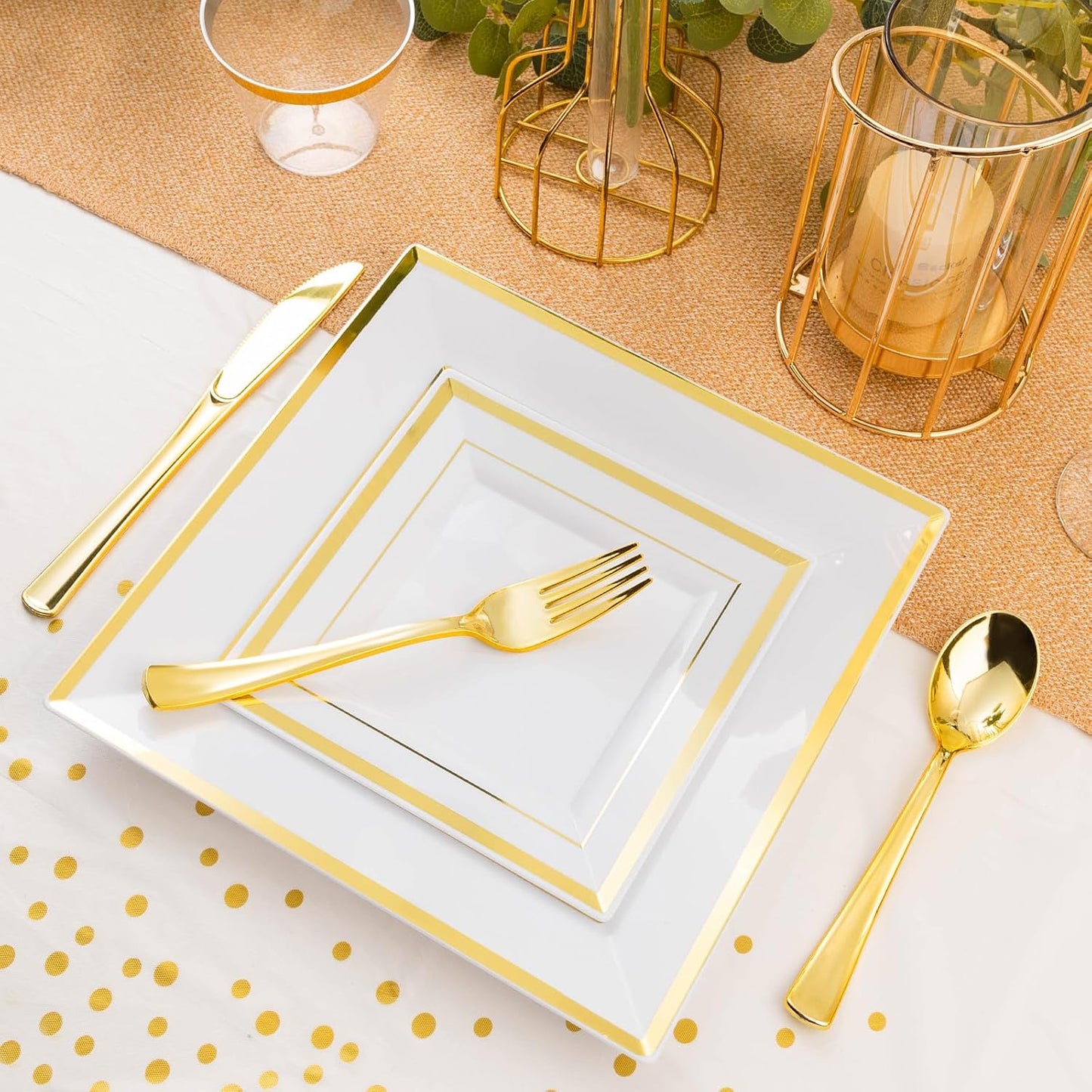 Goodluck 352 Piece Gold Dinnerware Set for 50 Guests, Thanksgiving Square Plastic Plates with Gold Trim, Include: 100 Plastic Plates, 50 Rolled Napkins, 50 Cups, 50 Cutlery Set and 2 Tablecloth