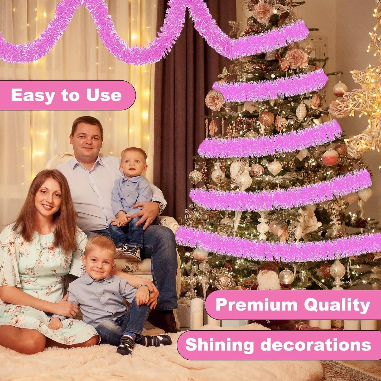 25 Feet Macaron Pink Christmas Tinsel Garland, Metallic Foil Twist Banner Wall Hanging Tinsel Streamers Backdrop for Parade Floats, Christmas, Mother's Day, Birthday Party Decorations(4in x 25ft)