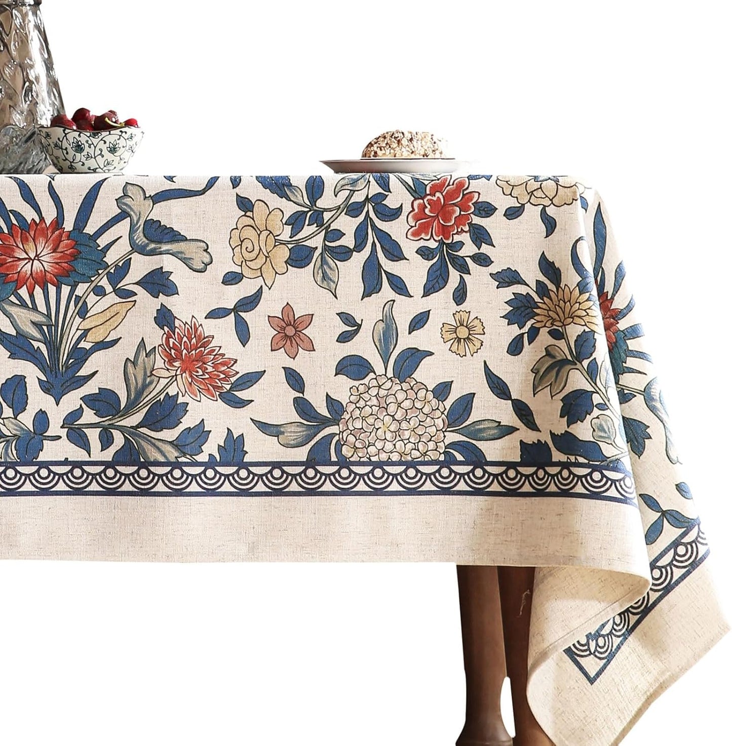 patdrea Designer Blue Tablecloth for Rectangle Table,Vintage Linen with Leaves and Floral Pattern Long Table Cloth,Farmhouse Decor Cover for Kitchen Dining Christmas,Thanksgiving,63"x94"-Ivar a