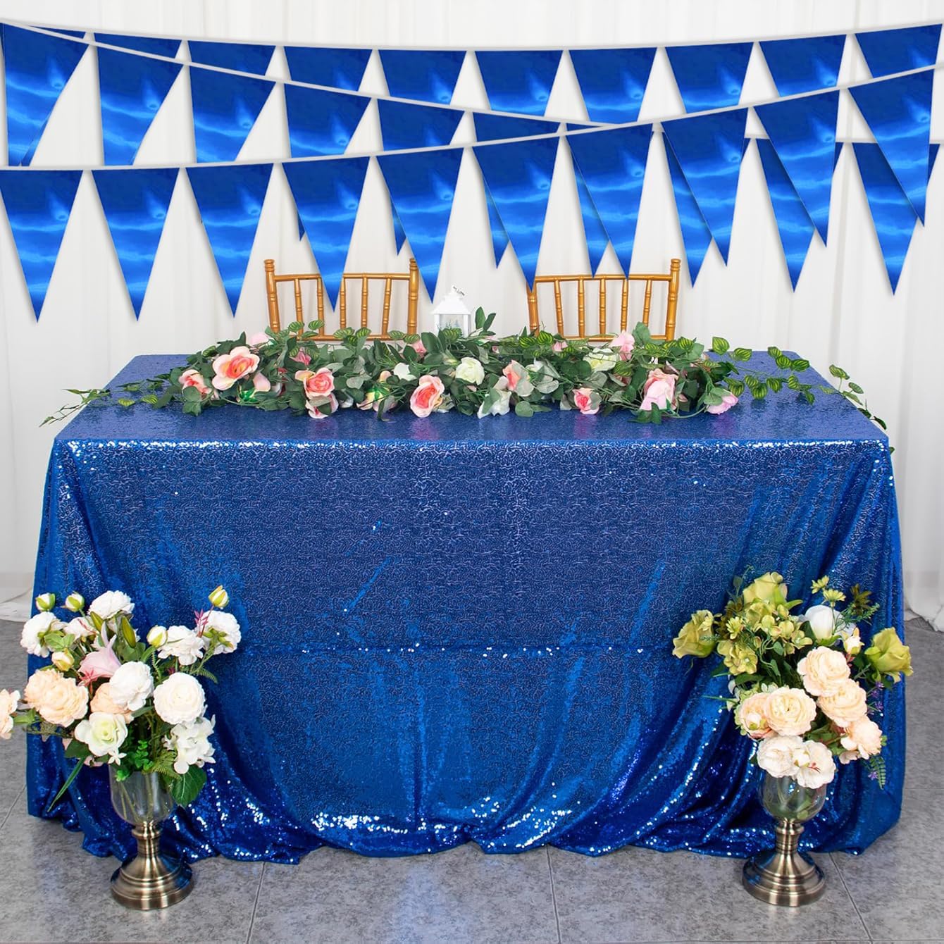 20M/65FT Blue Triangle Pennant Banner Flag Metallic Fabric Bunting Garland for Christmas Graduation Wedding Engagement Anniversary Bachelorette Birthday Bridal Shower Valentines Hen Party Supplies