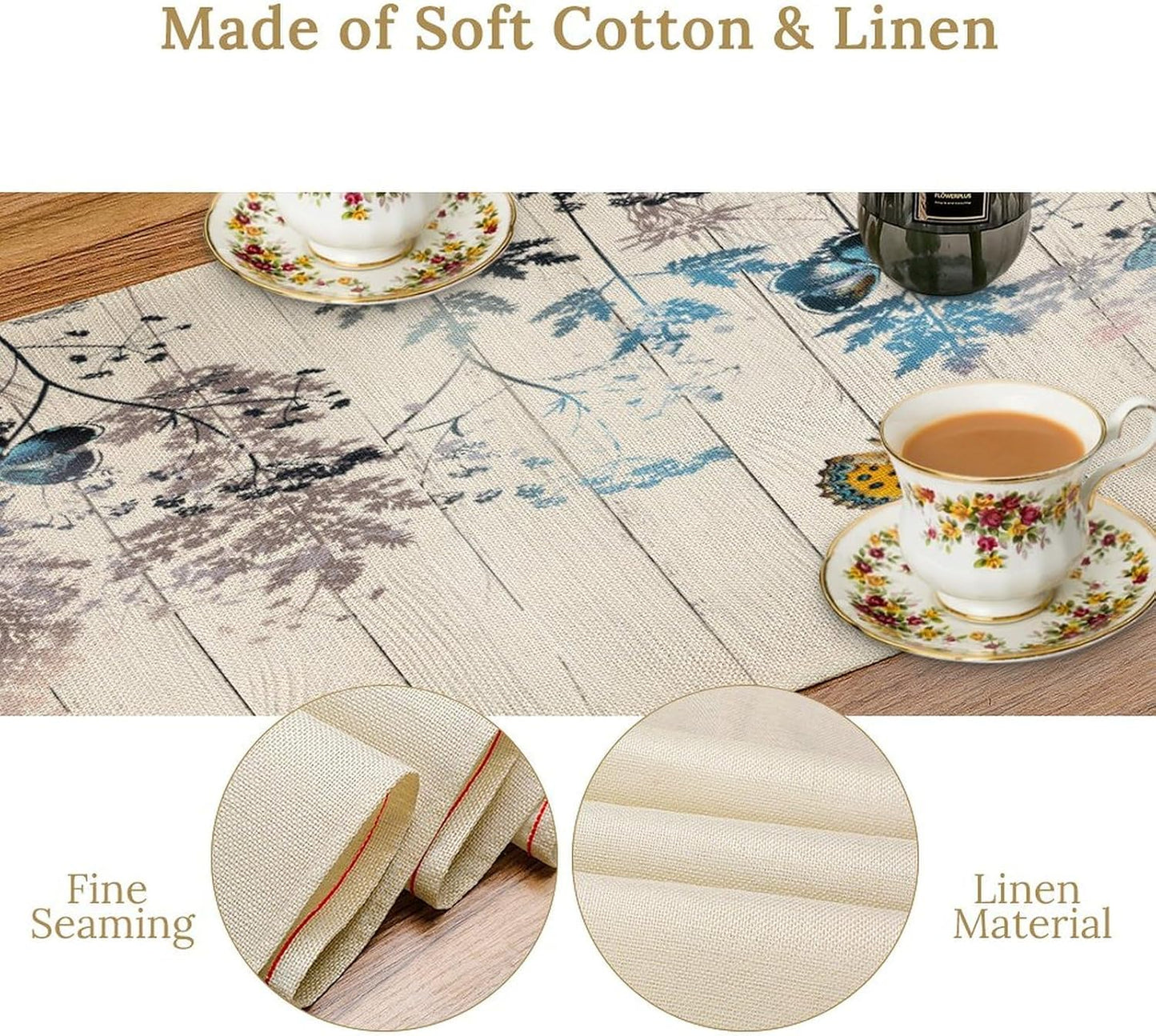 Nature Dandelion Table Runner,Rustic Floral Wood Plank Butterfly Girl Women Pattern Print Burlap Tablecloth for Hotel Indoors Outdoor Dining Room Kitchen Table Decor, 13x70in