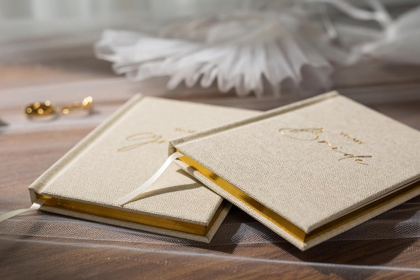 Hard Cover Vow Books (Set of 2) - To My Bride & To My Groom Matching Ivory Pocket Sized Foil Embossed Wedding Ceremony Vow Renewal Speech Notebook Planner, Gift for Bride & Groom Newly Engaged Couple