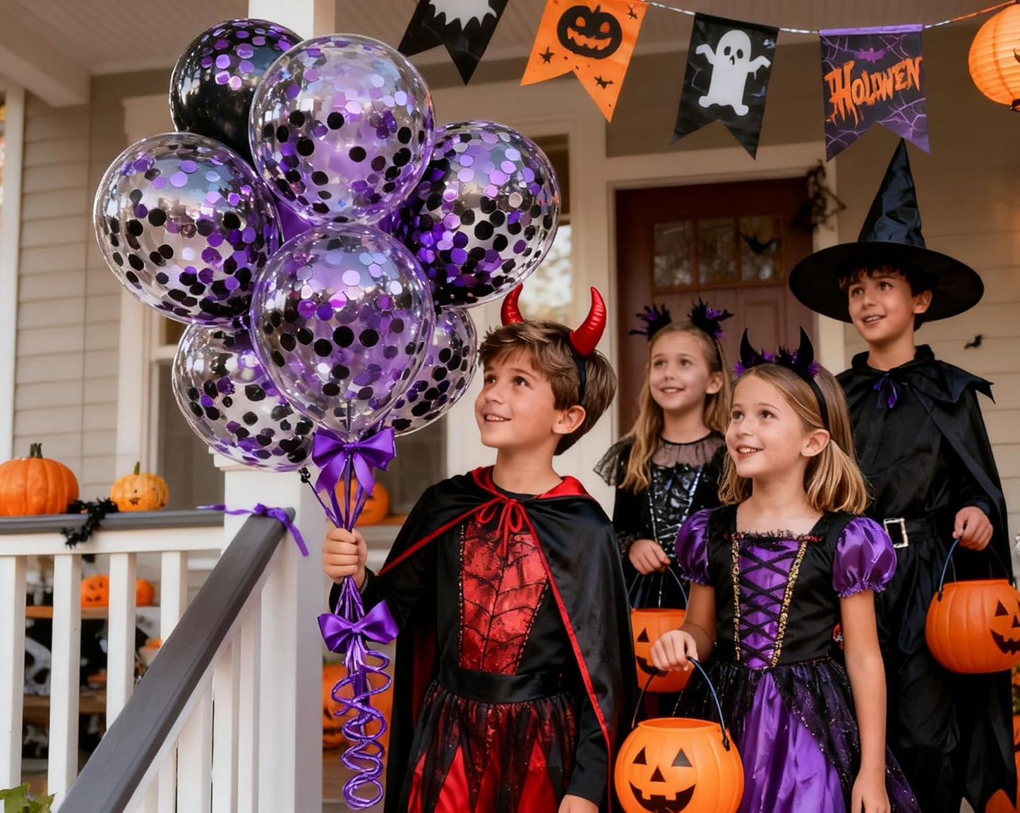 50pcs Purple and Black Foil Confetti Balloons,12 inch Latex Balloon with Purple Black Confetti Inside for Halloween Party Decorations