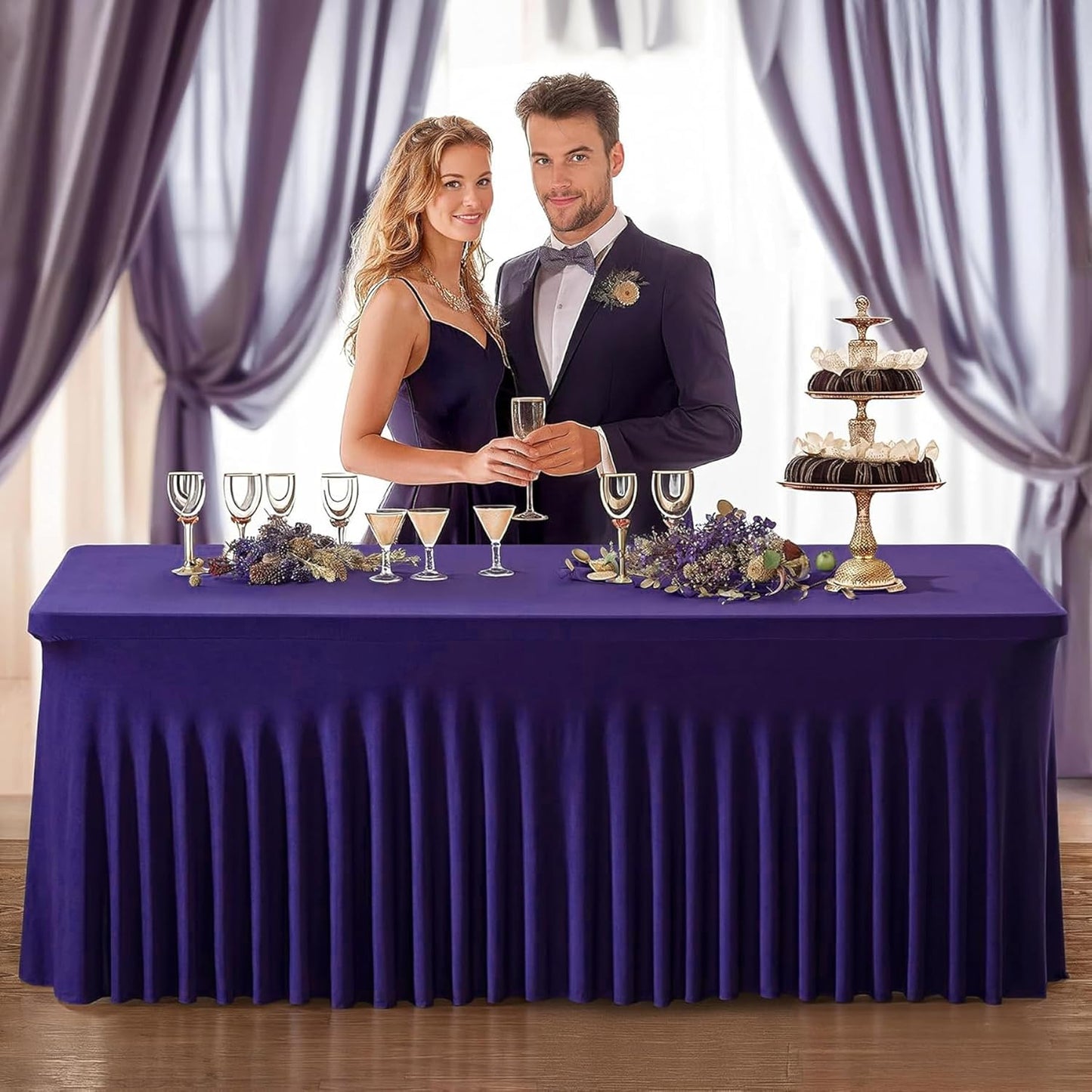 Wish Care 2 Pack Dark Purple Spandex Table Clothes for 6 Foot Rectangle Tables, 6FT Wrinkle Free Fitted Tablecloths Ruffles Design Table Cover for Party, Banquet, Wedding and Events