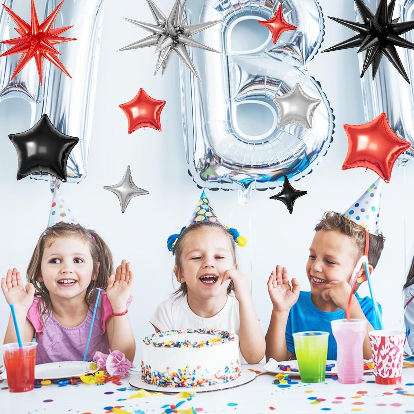 16 Pcs Red Black Silver Star Balloons,22/18/10 Inch Foil Balloons, Four-Pointed Balloon for Birthday Graduation Prom Wedding Baby Shower Movie Party Decorations