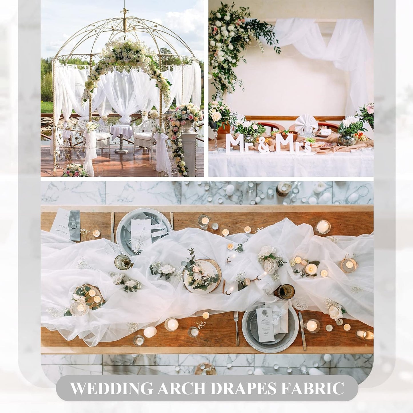 Wedding Arch Draping Fabric 3 Panels 30" x 32 ft White Wedding Arch Drapes for Ceremony Chiffon Fabric Drapes Arbor Drapery Decorations for Reception Sheer Backdrop Curtains for Party Ceremony