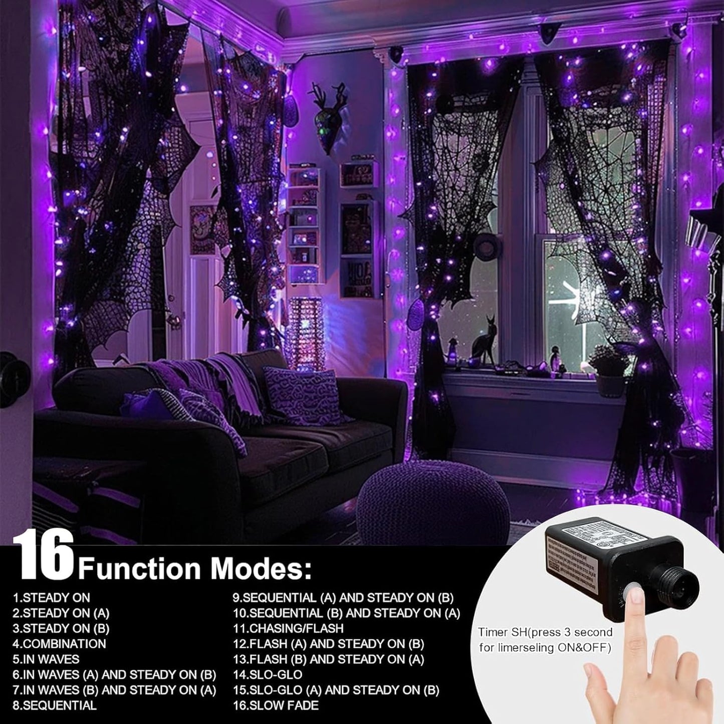 LAMPHOME 66ft Halloween Decorative Mini Lights, 200 LED Transparent Wire Fairy Starry String Lights Plug in, 11 Lighting Modes, for Halloween Decoration Outdoor Xmas Tree Party Decoration (Purple)