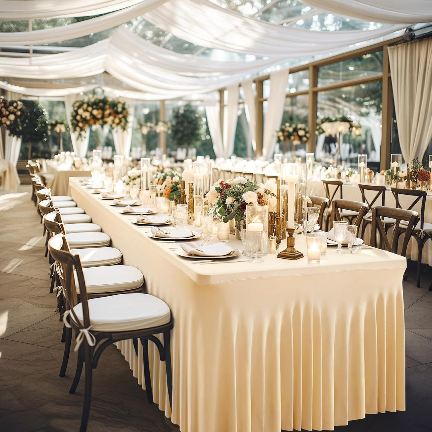 Wish Care 6 Pack Champagne Spandex Table Clothes for 8 Foot Rectangle Tables, 8FT Wrinkle Free Fitted Tablecloths Ruffles Design Table Cover for Party, Banquet, Wedding and Events