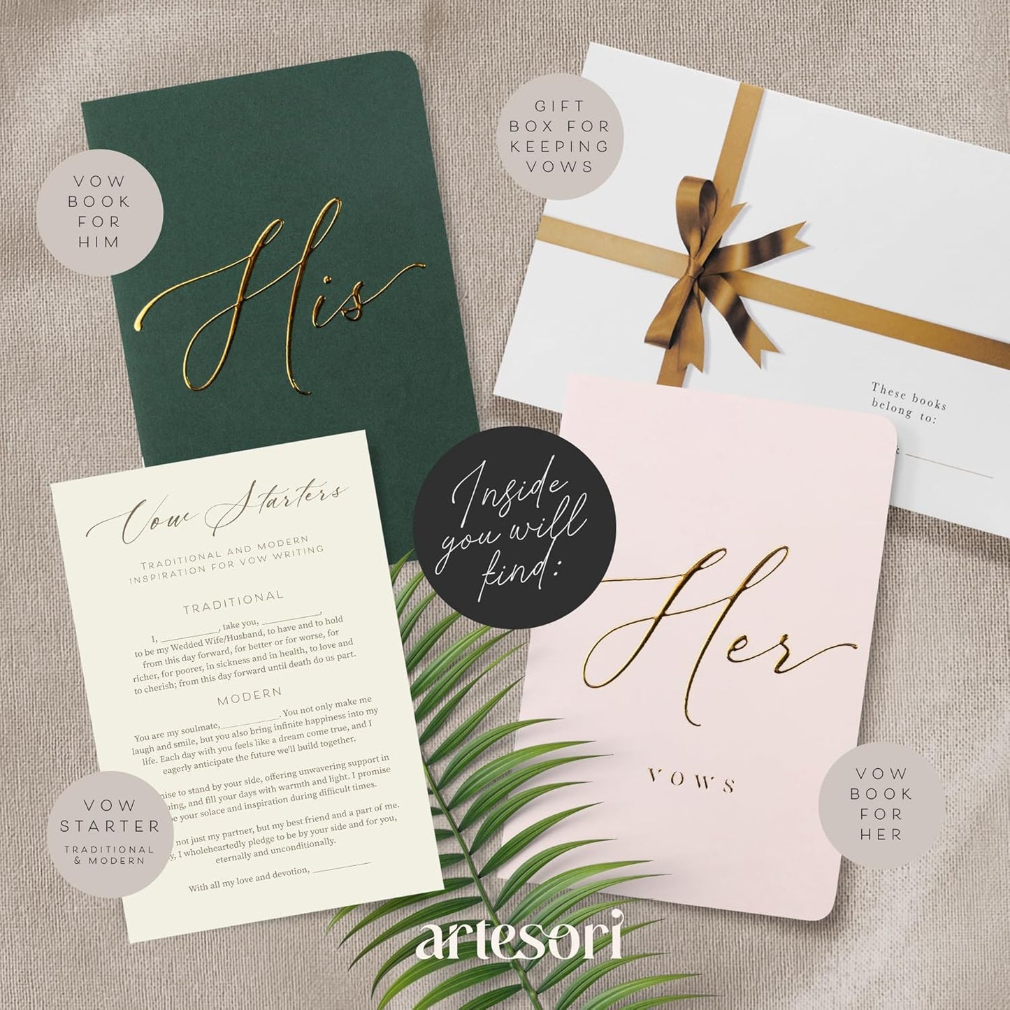 ARTESORI Wedding Vow Book for Her & Him, Soft Touch, Gold Engraving, 28 Lined Pages, Wedding Vow Books His and Hers, Wedding Essentials, Wedding Registry Gifts, His and Hers Gifts [Blush & Pine]