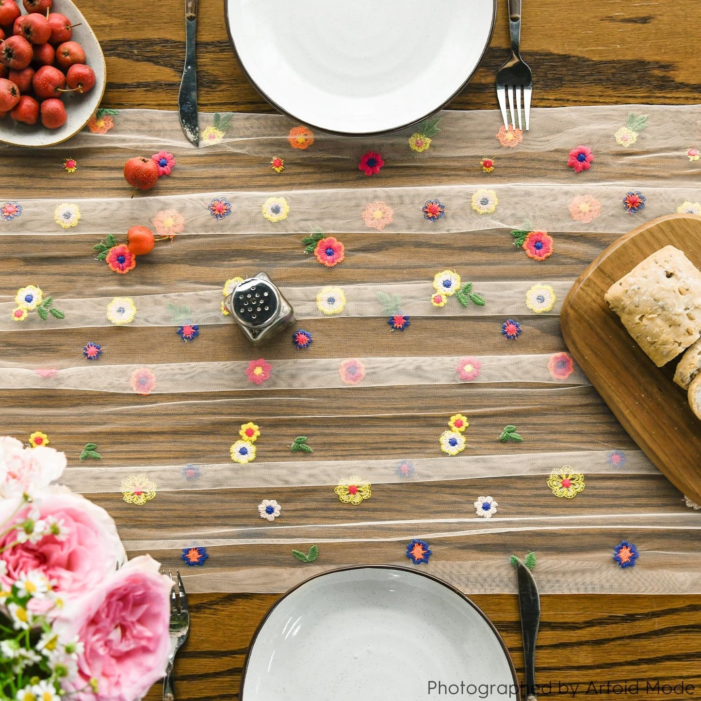 Artoid Mode 6PCS Champagne Embroidery Daisy Gauze Table Runner 120 Inch 10FT, Seasonal Sheer Kitchen Dining Holiday Wedding Birthday Table Decor for Home Party