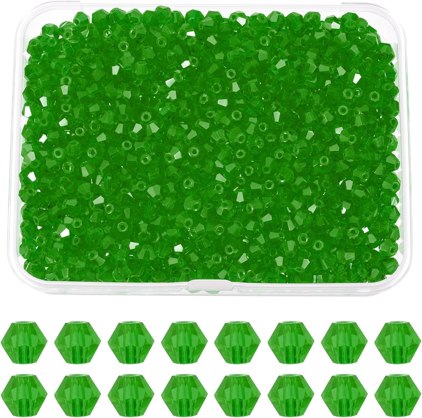 PATIKIL 1000pcs 4mm Bicone Glass Crystal Beads, Faceted Glass Spacer Beads with Box for Jewelry Making Bracelet Necklace Earrings DIY Suncatcher Craft, Grass Green