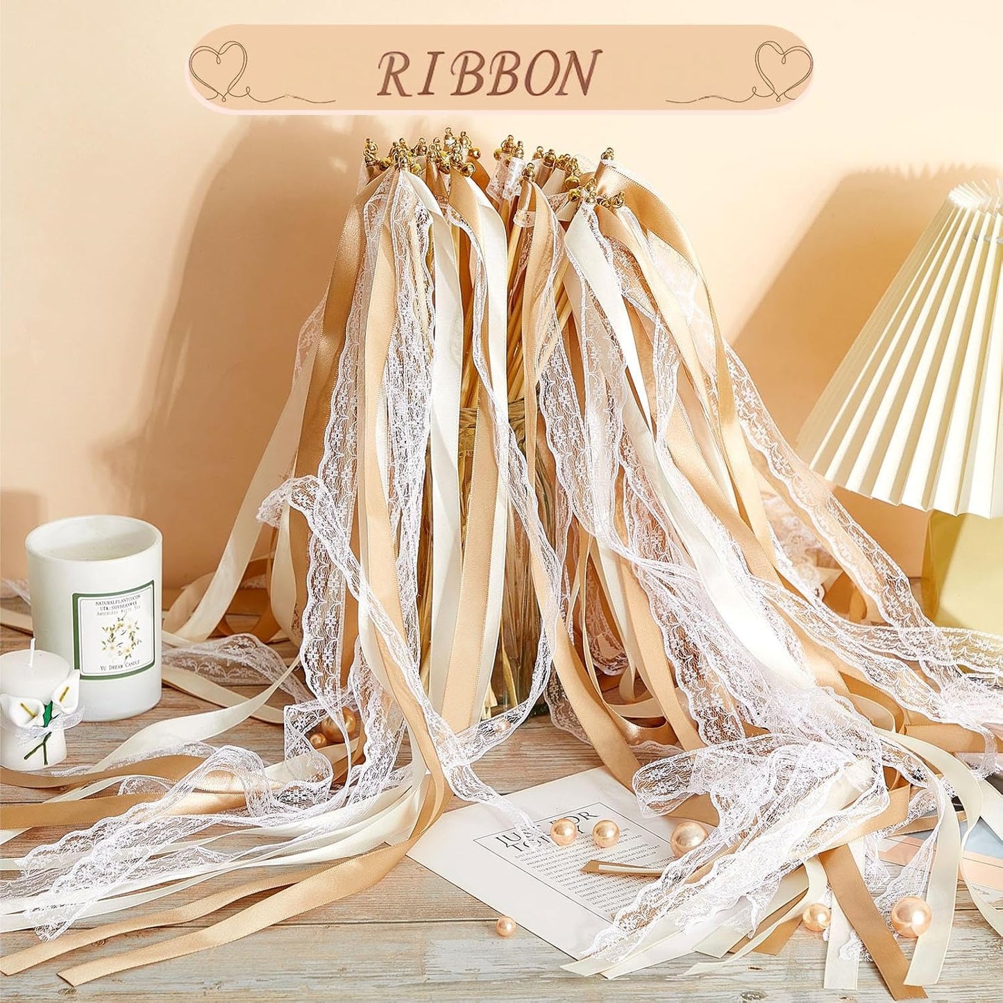 Taiyin 150 Pcs Lace Ribbon Stick Wands Wedding Wand Streamers with Bell Silk Ribbon Fairy Wand Wedding Send Off Streamer for Baby Shower Holiday Party Favors(Champagne, Beige)