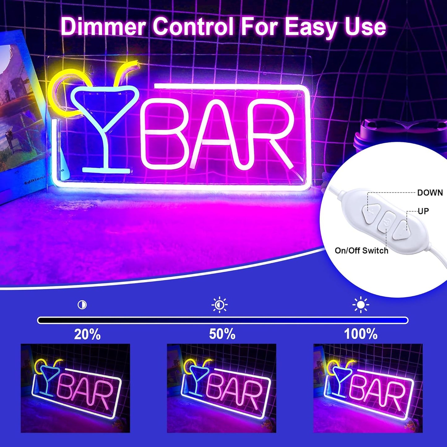YSMNDE Bar Neon Sign, Bar Signs for Home Sign with Dimmer Switch, USB Powered Bar LED sign For Wall Decor, Perfect for Home, Club, Bistro, Man Cave Party Decorations