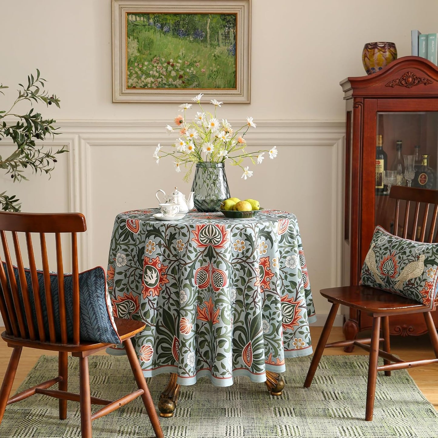 ISAENNE Designer Bohemian Linen Green Small Round Tablecloth,Floral Indoor Table Cloth,Stain Resistant Decor Tablecloths for Dining Thanksgiving Kitchen Party Christmas,Diameter 55"-Naples