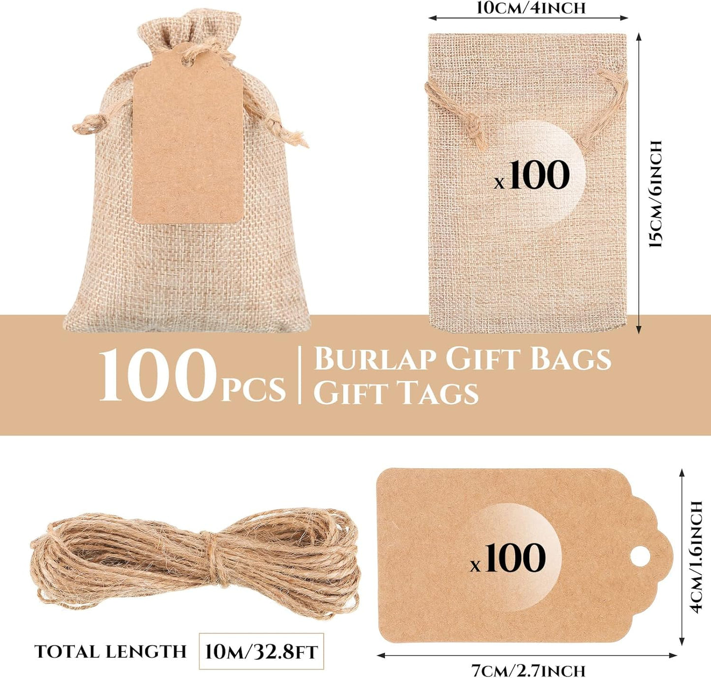 Woanger 100 Pcs Burlap Gift Bags with 100 Pcs Kraft Paper Gift Tags with Drawstring Favor Bulk Burlap Sack Bags for DIY Wedding Party Craft(4 x 6 Inch,Light Brown)