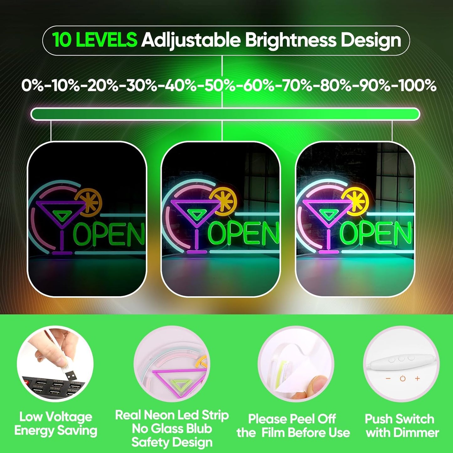 Open Neon Signs for Business, USB Dimmable Cocktails Neon Light for Beer Bar Pub Coffee Home Man Cave Stores Hotel Party Window Wall Decor