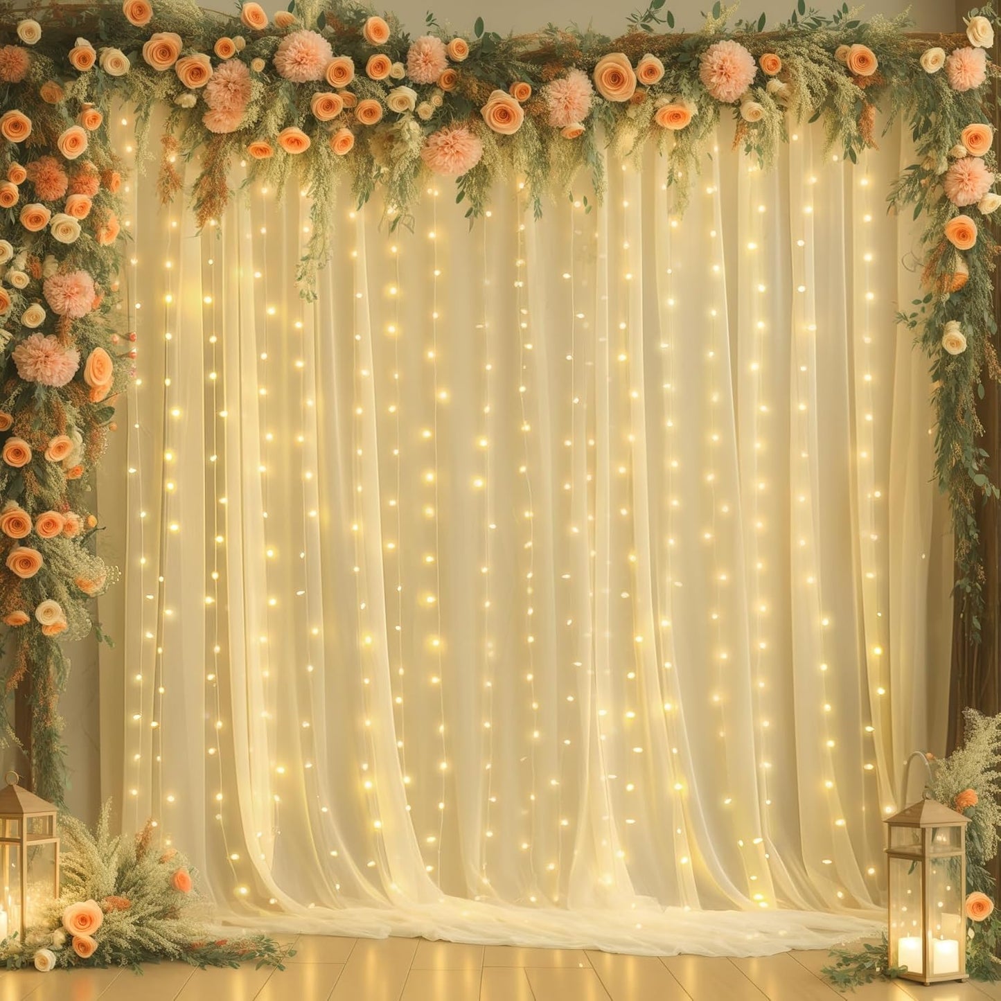 10ft x 8ft Champagne Sheer Tulle Backdrop Curtains with Lights String Wedding Backdrop for Reception Ceremony Birthday Party Baby Shower Photo Booth Background Decoration