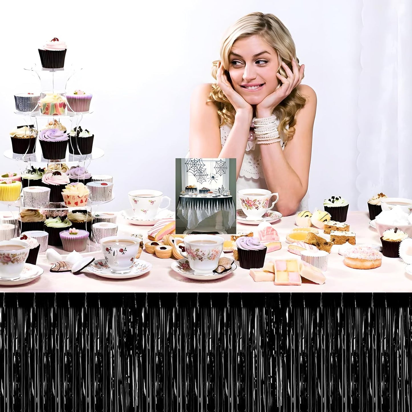 3 Pack 29x108 Inch Black Foil Fringe Table Skirts Metallic Banner for Tinsel Streamer Garland Backdrop for Parade Floats Wedding Thanksgiving Birthday Christmas Halloween Party Decoration