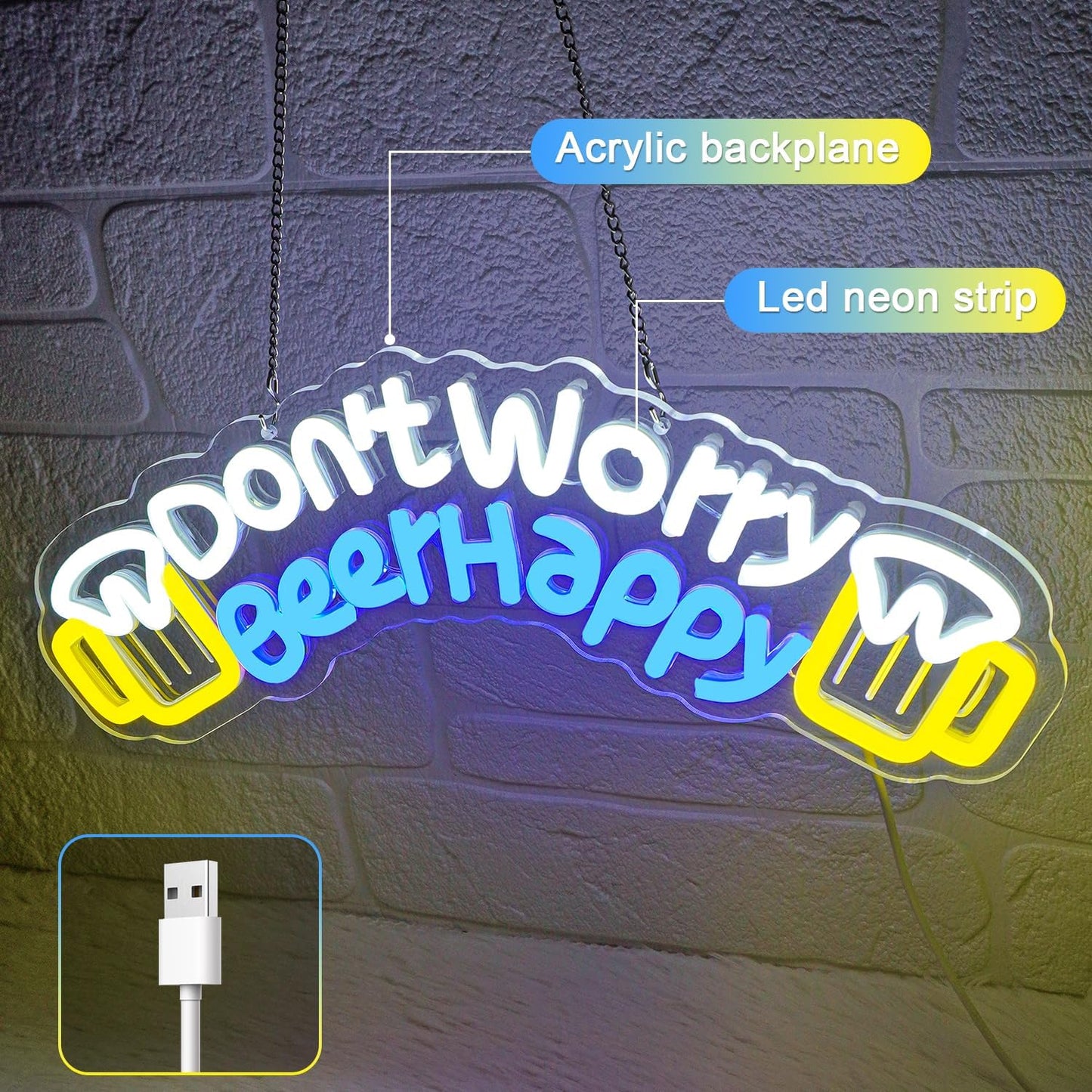 Don't Worry Beer Happy Neon Sign,Bar Sign,Beer Neon Sign,USB Powered with Dimmable Switch,Neon Signs for Wall Decor for Bar,Club,Party,Neon Signs for Man Cave