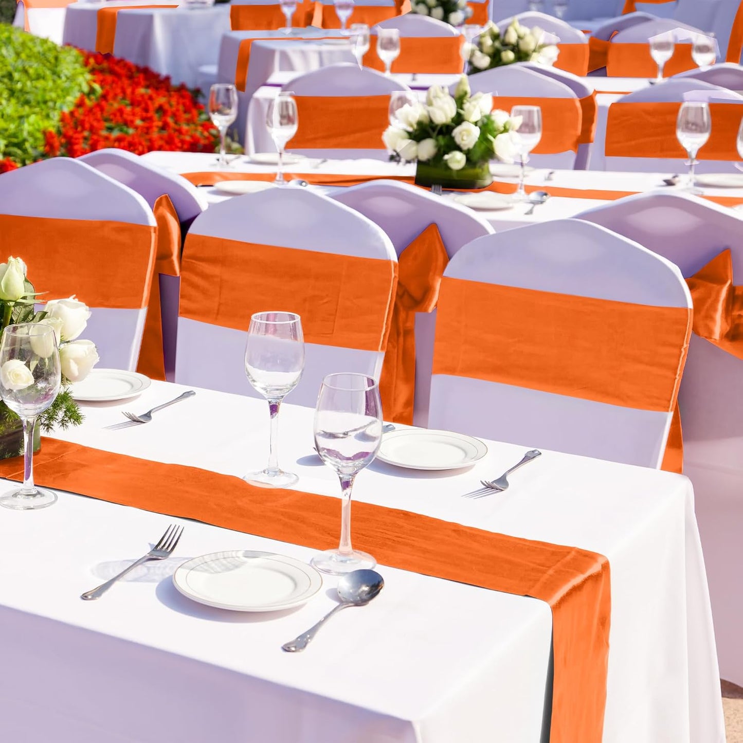 Aneco 12 Pack Satin Table Runner 12 x 108 Inch Orange Long Wedding Satin Silk Table Runner for Wedding Banquet Graduations Birthday Party Decoration