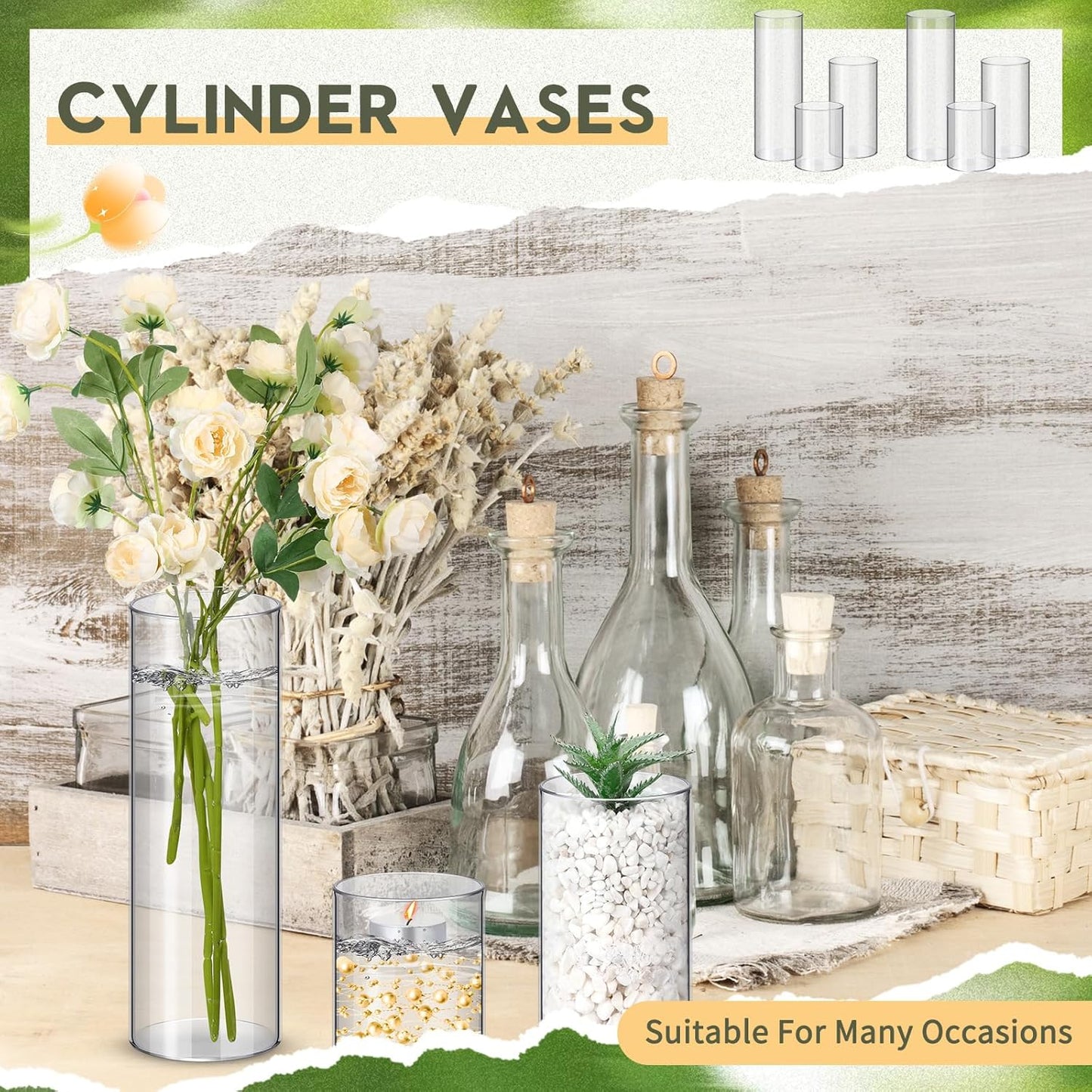 Nuogo 24 Pcs Plastic Cylinder Vases Tall Clear Flower Vases for Centerpieces Hurricane Candle Holder for Home Wedding Office Party Formal Dinners Decorations (4''/6''/8'')