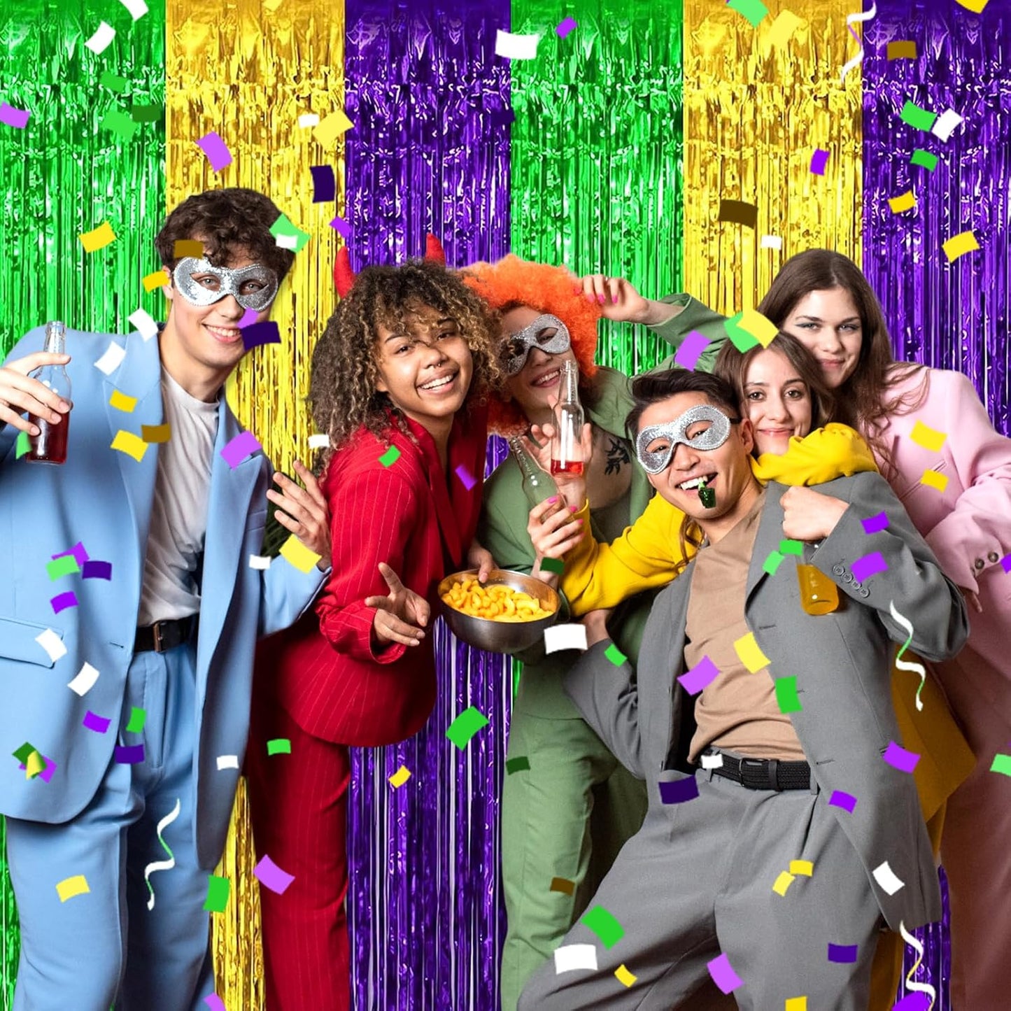 3 Pack Gold Green Purple Foil Fringe Curtain Backdrop, 3.28Ft x 8.2Ft Metallic Tinsel Foil Fringe Streamer Curtains for Photo Booth, Mother's Day, Easter, Birthday, Wedding Party Decorations