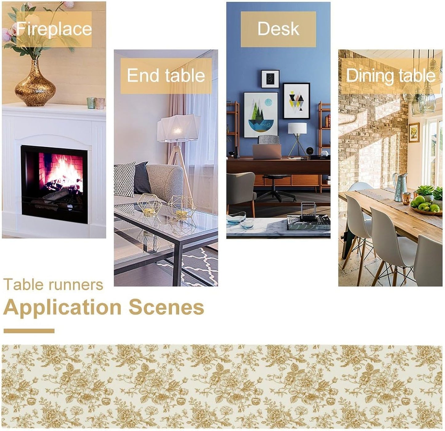 Retro Floral Table Runner, Golden White Wildfloral Sketch Print Kitchen Dinning Table Runner for Indoor Outdoor Home Wedding Party Holiday, 13x60 Inch