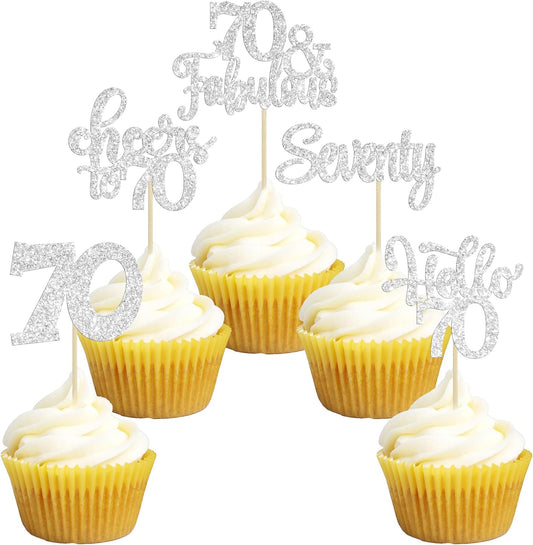 30Pcs Happy 70th Birthday Cupcake Toppers Seventy Cheers to 70 Years Old Birthday Cupcake Picks for 70th Birthday Anniversary Party Cake Decorations Supplies Silver Glitter