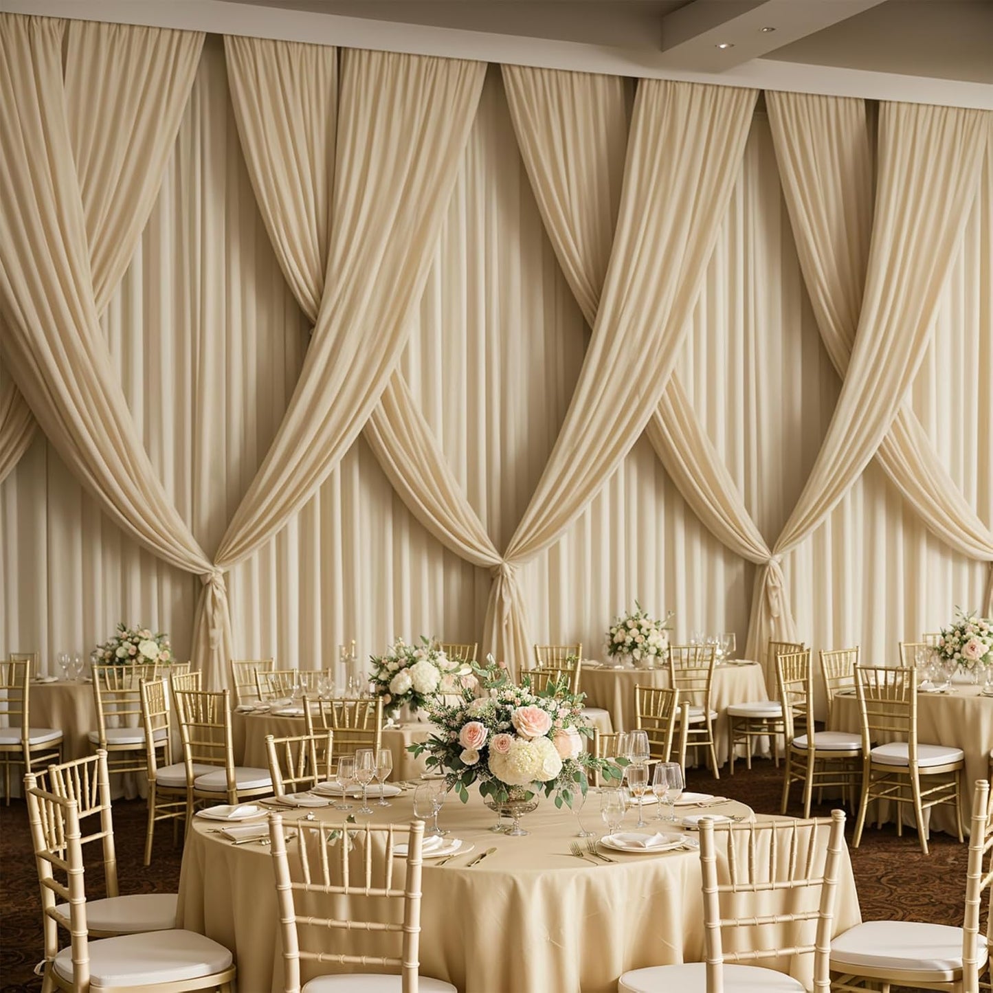 PartyVillage 50ft×15ft Beige Backdrop Curtain for Wedding Parties, 10 Panels Wrinkle Free 15 FT Long Polyester Photo Backdrop Drapes Back Drop Cloth for Birthday Photography Background