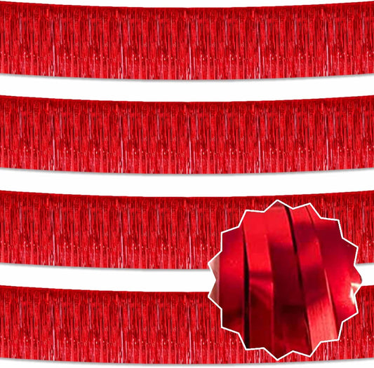 4 Pack 10 Ft Red Foil Fringe Garland Metallic Streamers Tinsel Banner Wall Hanging Garland Backdrop for Parade Floats, Halloween, Christmas, Thanksgiving, New Year Party Decorations