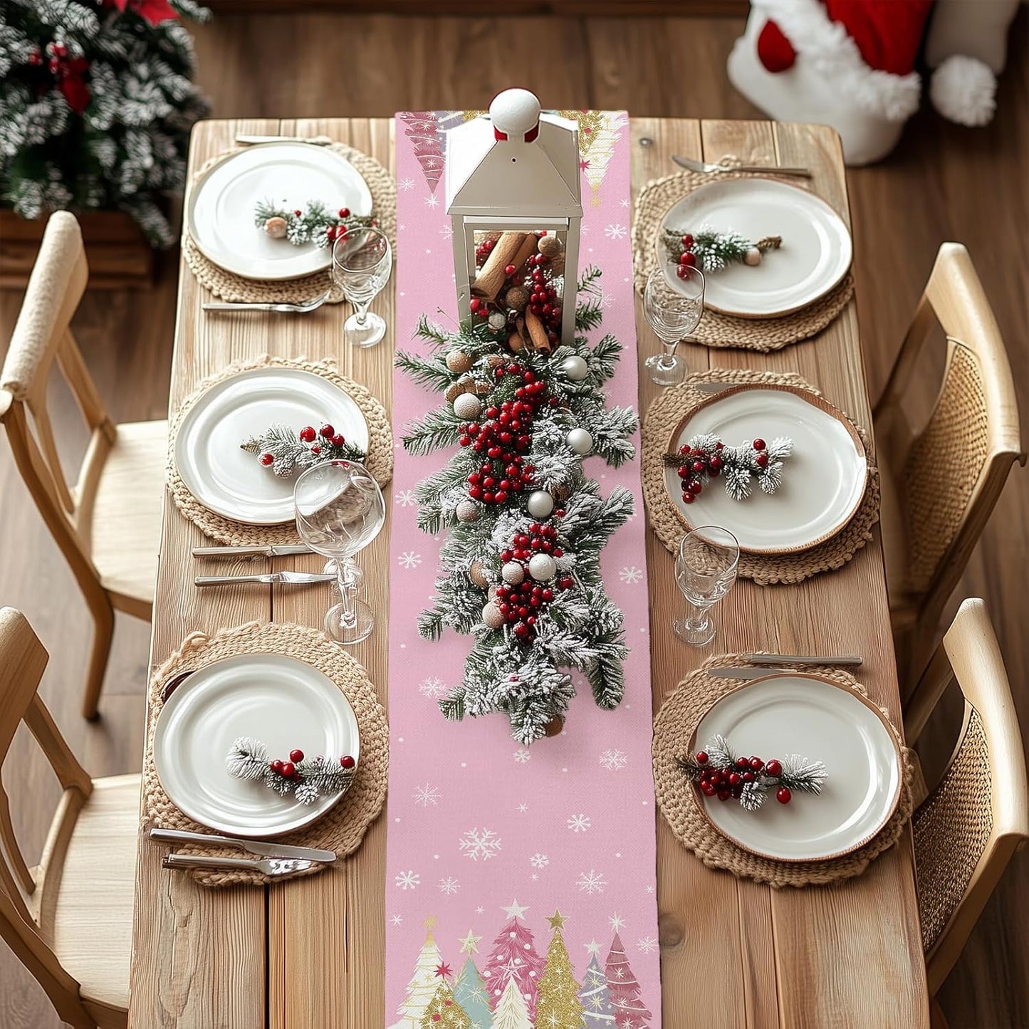 GEEORY Christmas Table Runner 13x108 Inch, Xmas Trees Snowflakes Holiday Decorative Farmhouse Table Decoration for Kitchen Dinning, Indoor Outdoor Dinner Party Decor (Pink) GT153-108