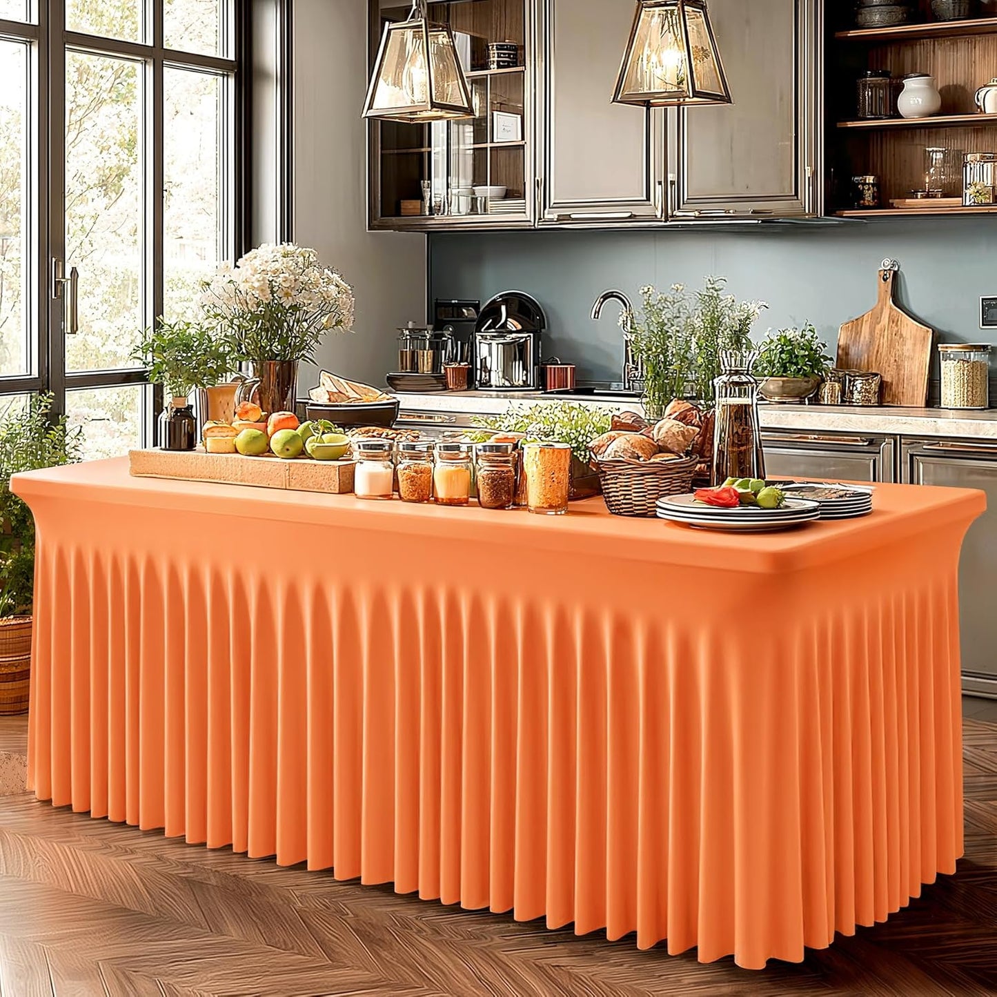 Wish Care 2 Pack Orange Spandex Table Clothes for 4 Foot Rectangle Tables, 4FT Wrinkle Free Fitted Tablecloths Ruffles Design Table Cover for Party, Banquet, Wedding and Events