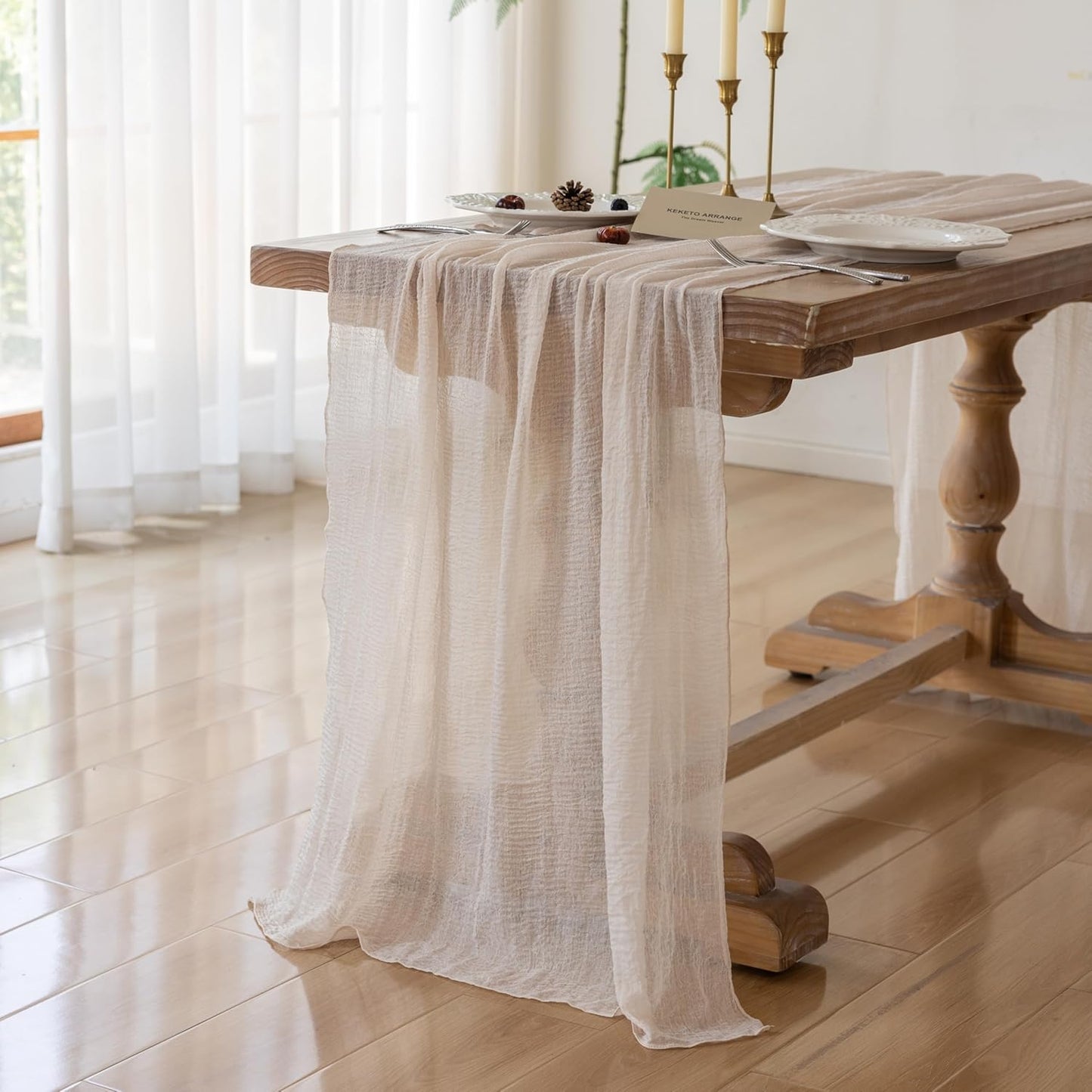 3Pcs Beige Gauze Rustic Cheesecloth Table Runner 120 Inch 10 FT for Wedding Baby Shower Bridal Shower Birthday Engagement Garden Outdoor Party Long Sheer Boho Decorations