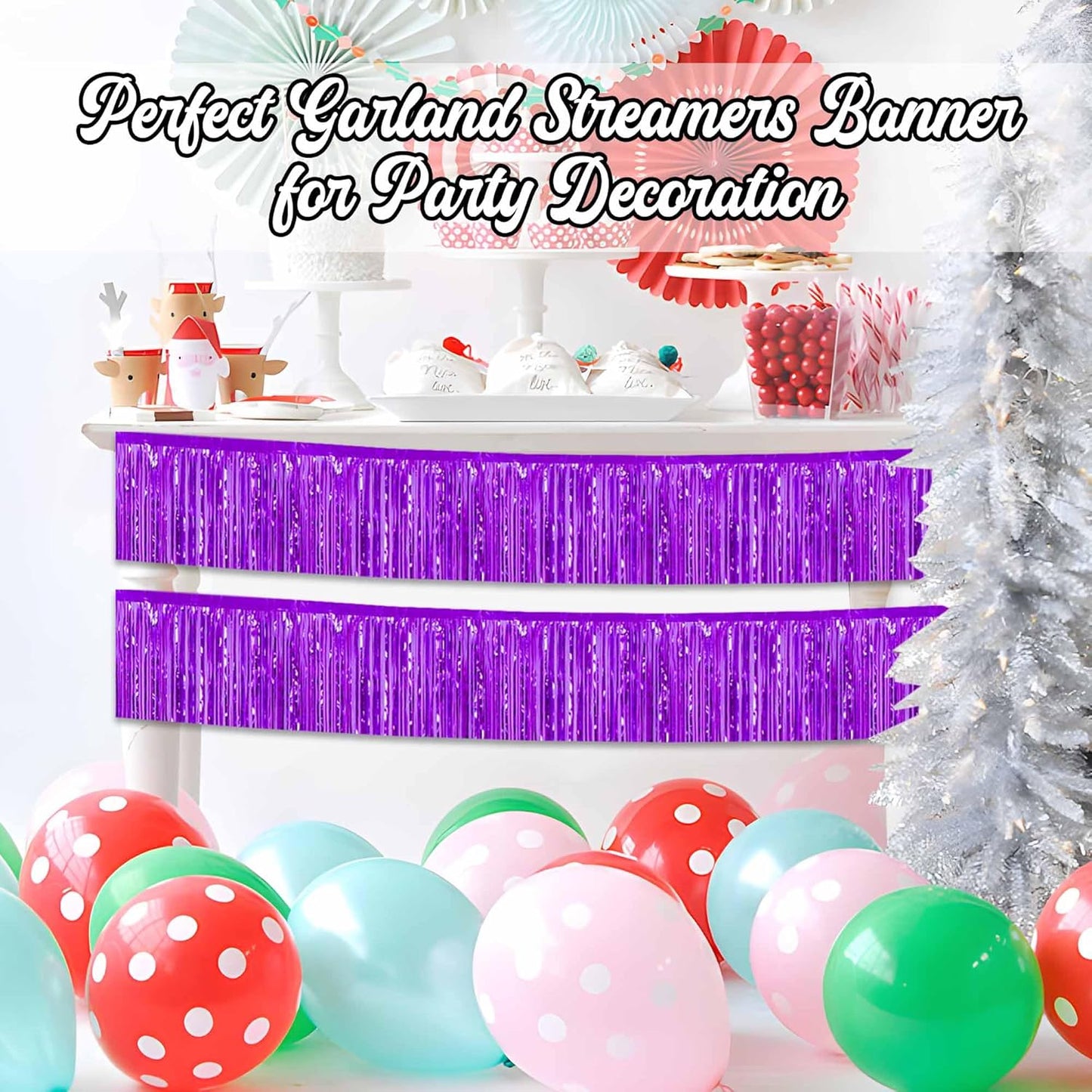 4 Pack 10 Ft Purple Foil Fringe Garland Metallic Streamers Tinsel Banner Wall Hanging Garland Backdrop for Parade Floats, Halloween, Christmas, Thanksgiving, New Year Party Decorations