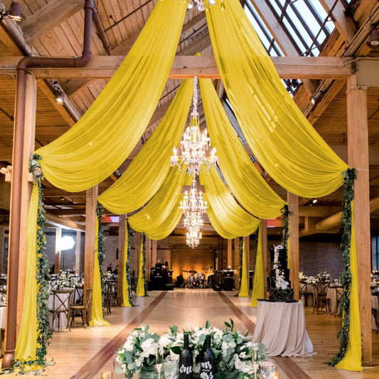 MODFUNS Ceiling Drapes for Parties Gold Ceiling Draping Fabric 5x20ft 4 Panels Sheer Wedding Arch Drapery Chiffon Stage Curtain Tent Ceiling Drape for Reception Banquet Arbor Ceiling Decoration