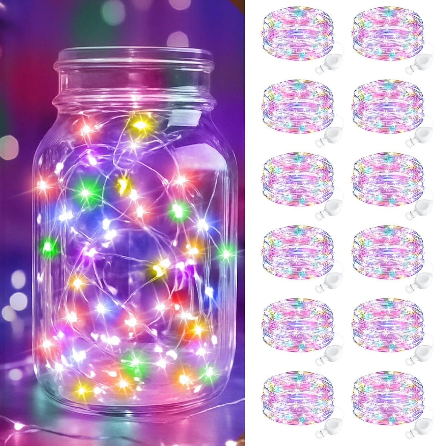 btfarm 12 Pack Fairy Lights Battery Operated, 7FT 20 LED Mini String Lights Waterproof Silver Wire for Mason Jars Centerpiece Table Crafts Bedroom Christmas Decoration,Colourful