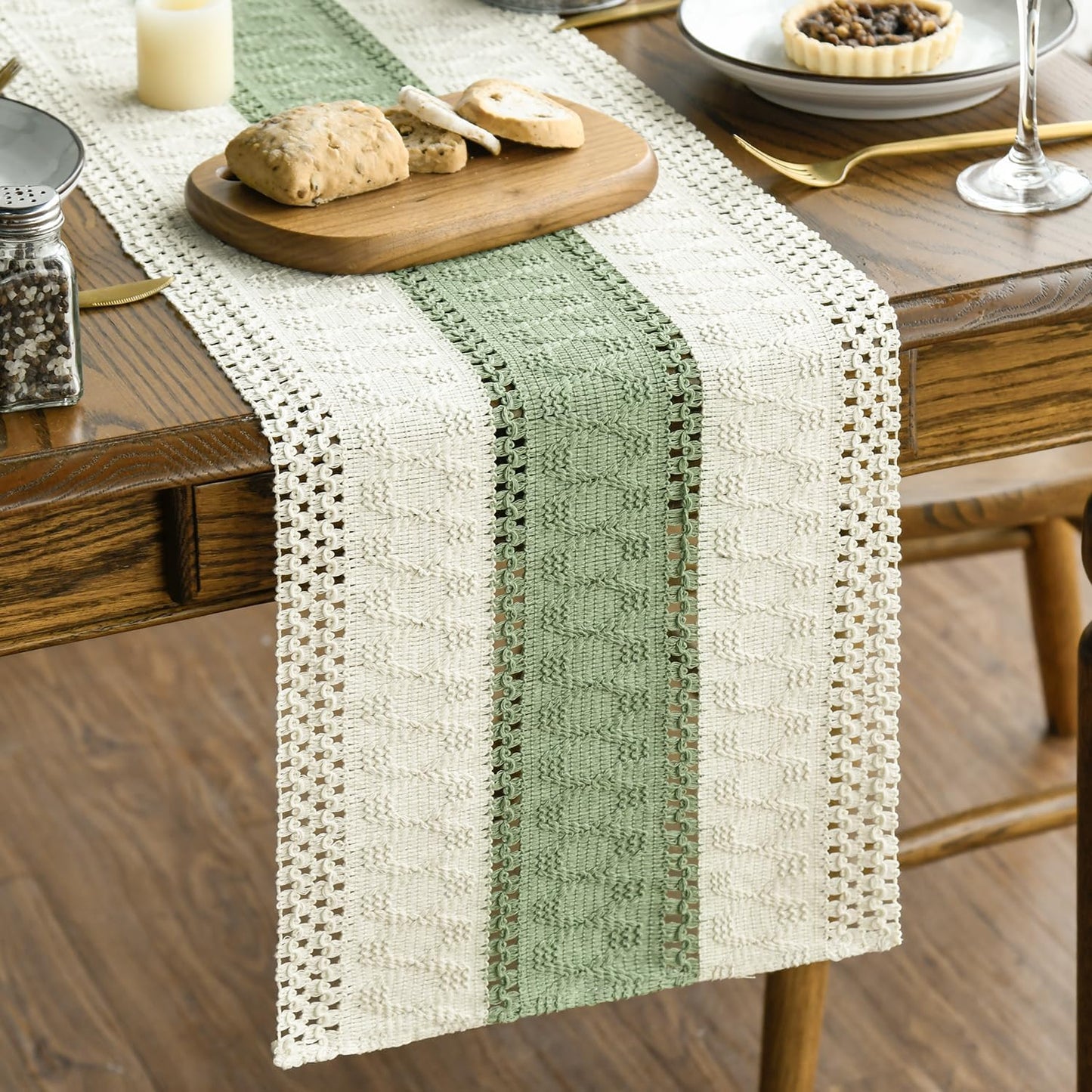 Artoid Mode Light Green Farmhouse Rustic Table Runner, Seasonal Holiday Hollow Kitchen Dining Table Decoration for Home Party Decor 12x90 Inch