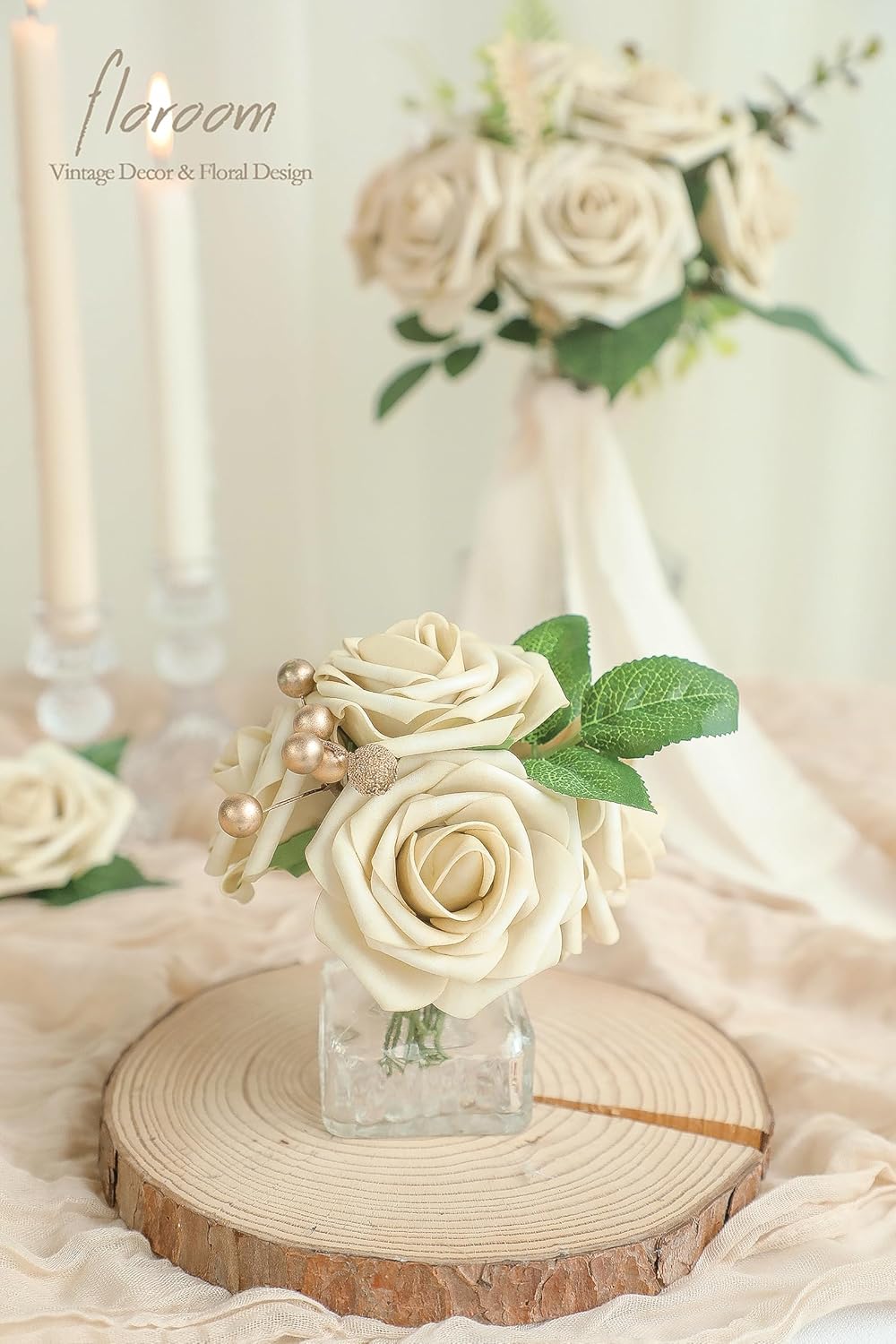 Floroom Artificial Flowers 25pcs Real Looking Beige Foam Fake Roses with Stems for DIY Wedding Bouquets Bridal Shower Centerpieces Floral Arrangements Party Tables Home Decorations