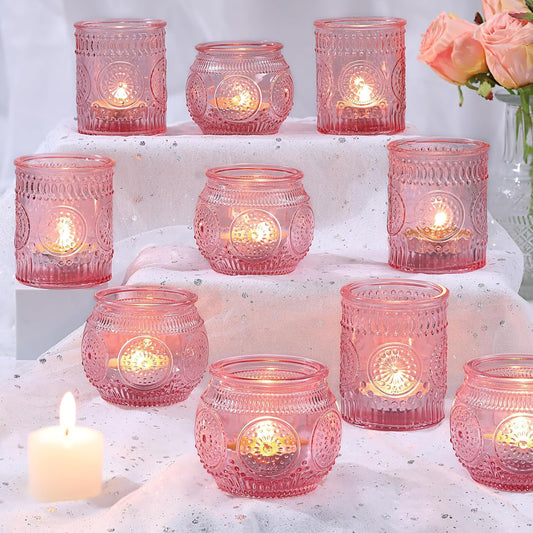 DARJEN 12Pcs Pink Votive Candle Holders - Glass Tea Light Candle Holder for Flameless LED Tea Waxes, Romantic Candle Holder for Wedding Decor, Various Parties & Dinner Table