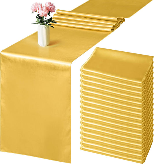 Aneco 16 Pack Satin Table Runner 12 x 108 Inch Gold Long Wedding Satin Silk Table Runner for Wedding Banquet Graduations Birthday Party Decoration