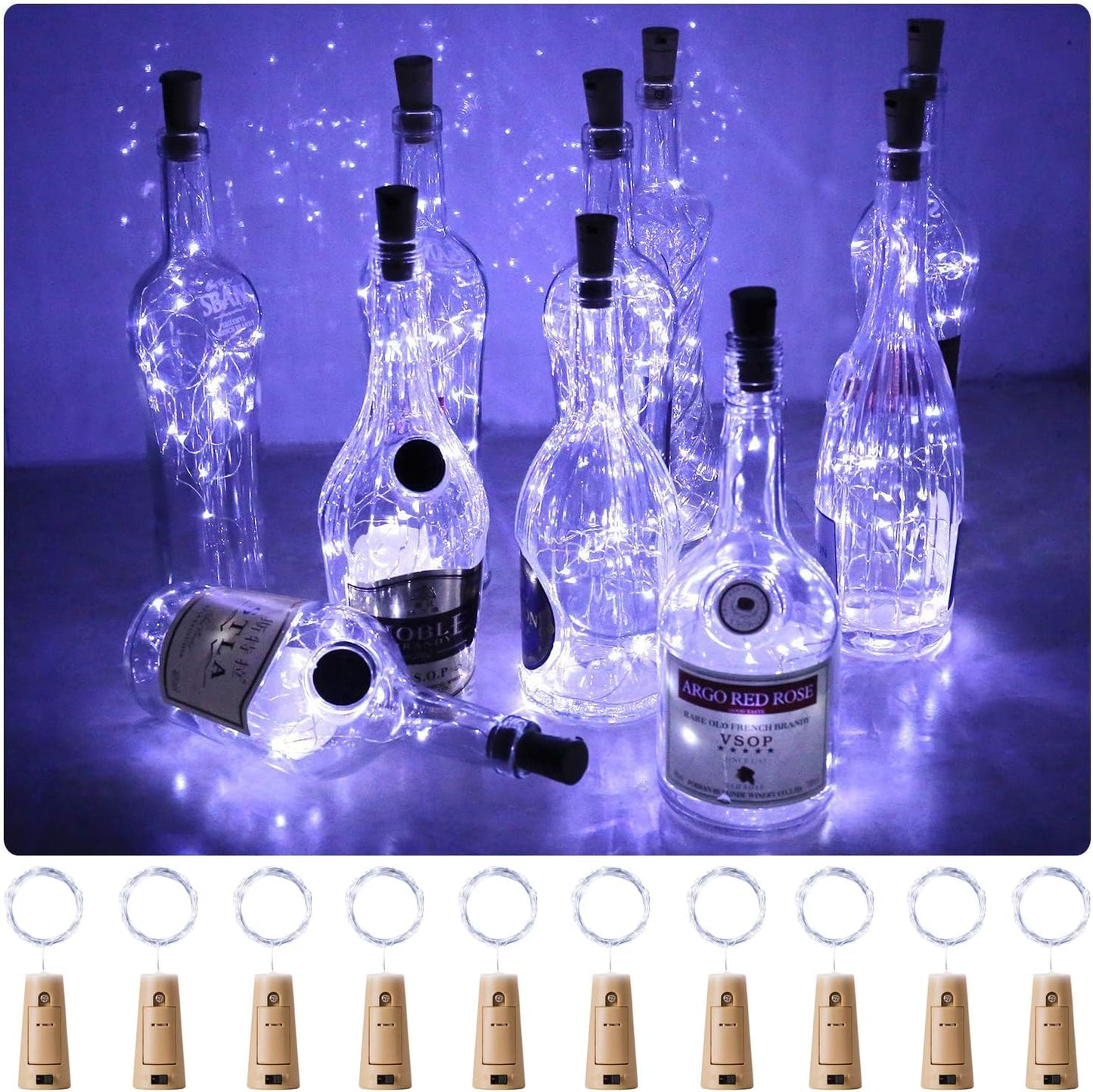 Aluan Wine Bottle Lights with Cork, Christmas Lights 10 Pack 20 LED Mini Fairy String Lights, Waterproof Battery Operated Cork Lamp for Liquor Bottles Wedding Reception Table Decorations, Cool White