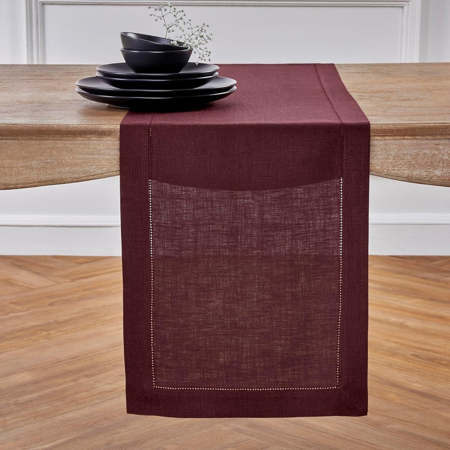 Solino Home Linen Table Runner 48 Inches - 100% Pure Linen Burgundy Hemstitch Table Runner 14 x 48 Inch Ideal for Dresser and Coffee Tables - Fall, Autumn, Thanksgiving, Holiday - Classic Hemstitch