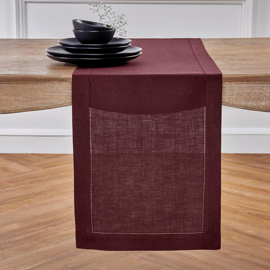 Solino Home Linen Burgundy Table Runner 108 Inches Long - 100% Pure Linen 14 x 108 Inch Table Runner for Fall, Autumn, Thanksgiving, Christmas - Classic Hemstitch