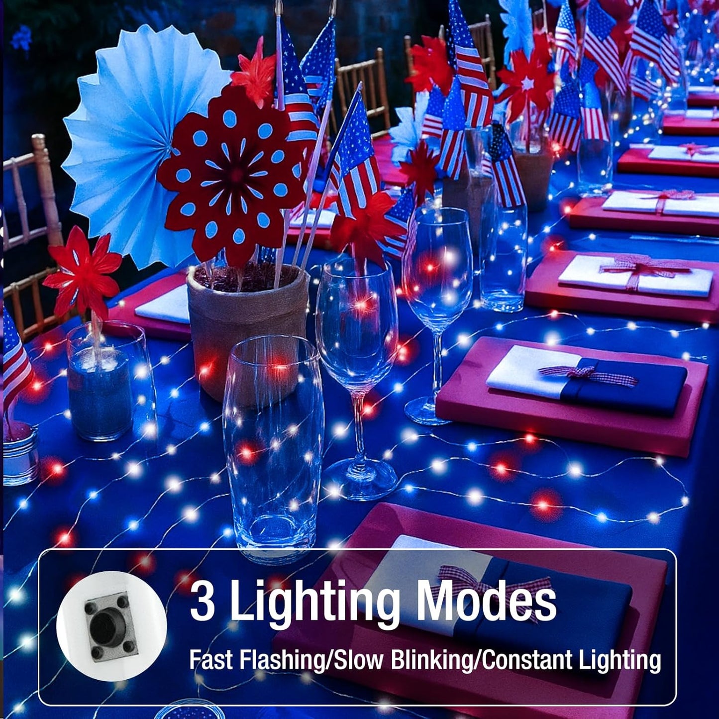 4th of July Decorations - 12 Pack Red White Blue Fairy Lights Battery Operated, 7ft 20 Led Twinkle Lights 3 Modes, Waterproof Bulk Mini String Light for Independence Day Patriotism Decorations