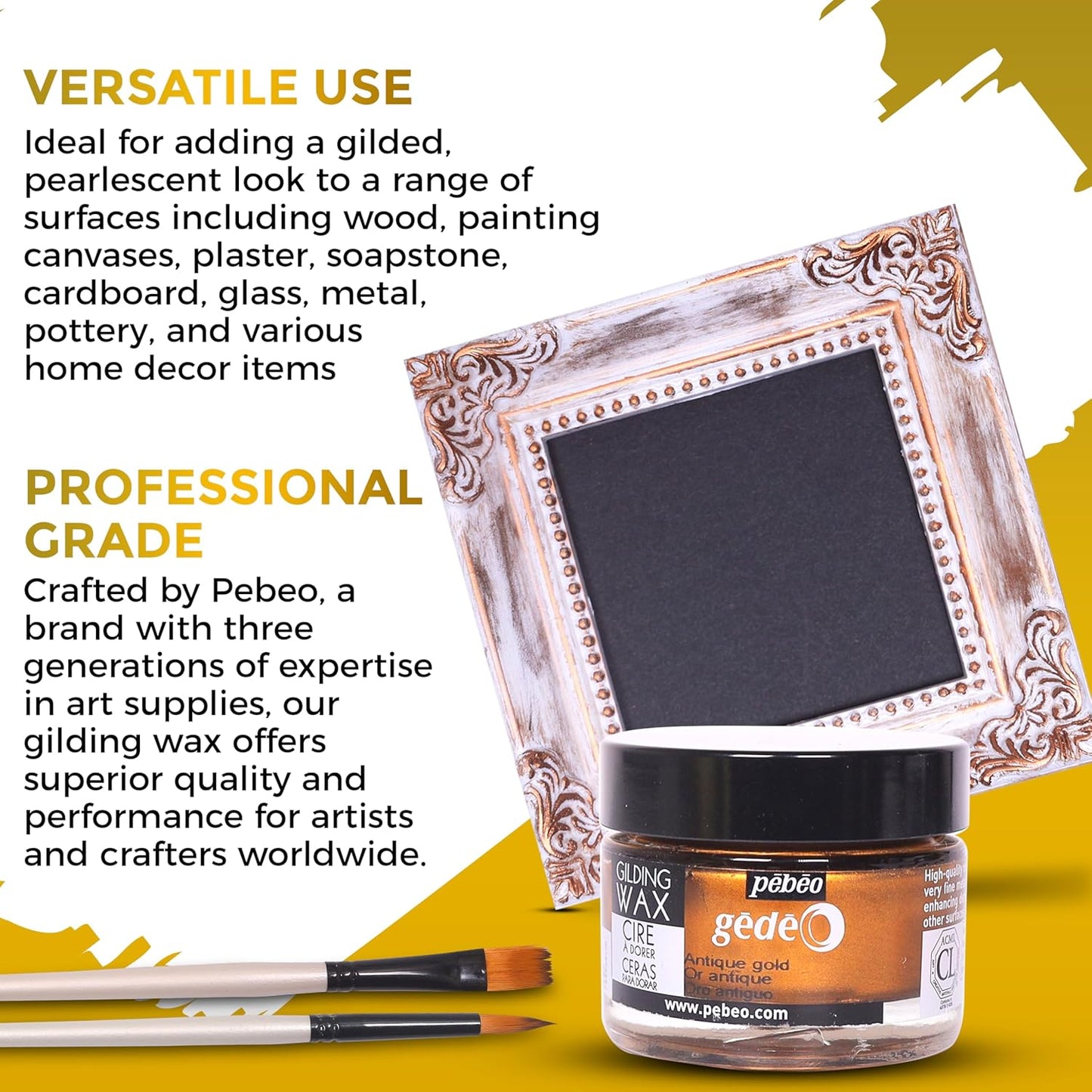 Pebeo Gilding Wax 30ml – Empire Gold Gilding Wax for Crafting, Antiquing Wax for Crafts and Professional Finish – Gilding Wax for Wood, Metal, and More Bundled with Moshify Application Brushes