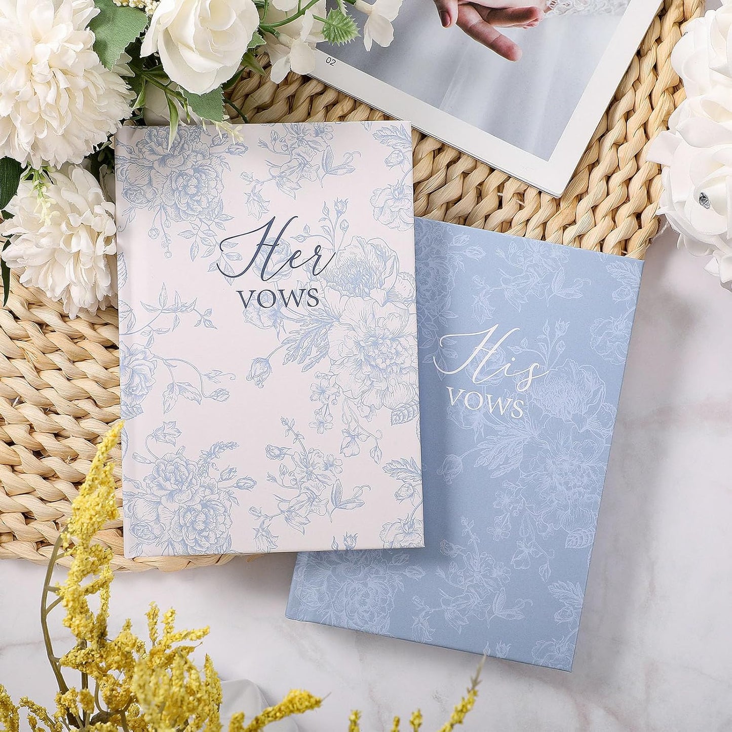 Set of 2 Vow Books His and Hers, Wedding Vow Books (6.06x4.17) Wedding Keepsake Essentials Elegant Bridal Shower Ceremony Gift Elopement Essentials(Blue,Floral)
