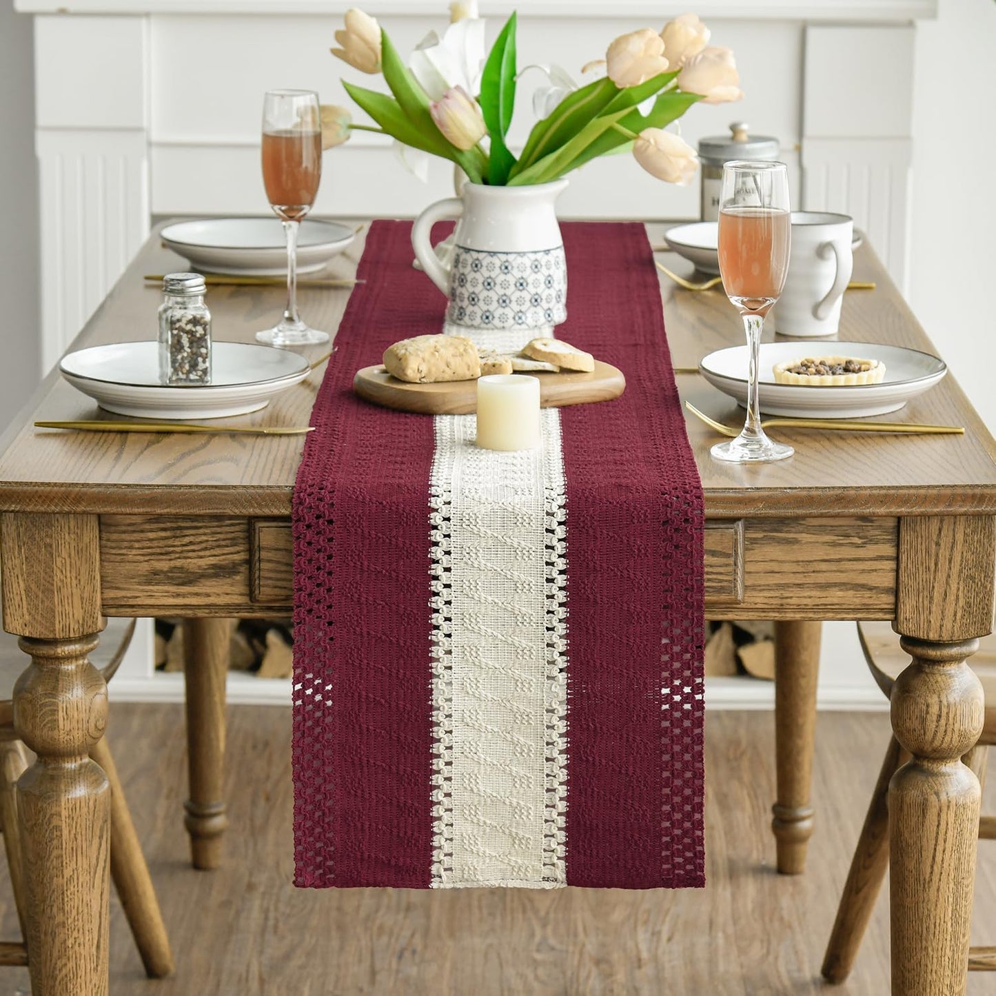 Artoid Mode Red Farmhouse Rustic Table Runner, Seasonal Hollow Kitchen Dining Table Decoration for Home Party Decor 12x108 Inch